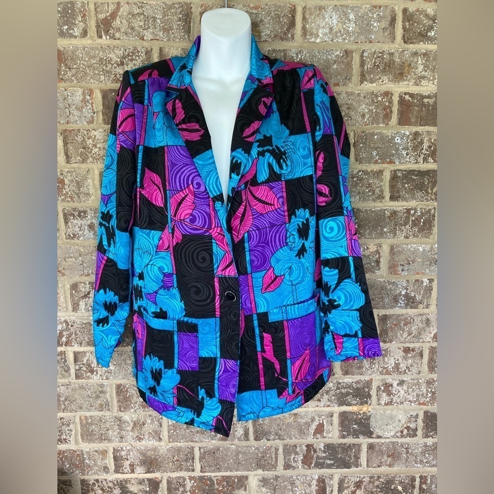 Vintage TanJay bold abstract print jacket pink purple black teal size 6